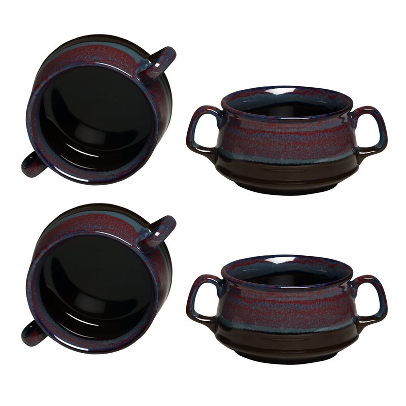 Caffeine Ceramic Handmade Magenta Multi Studio Double Handle Soup Bowl with Spoon (Set of 4) - Image 1