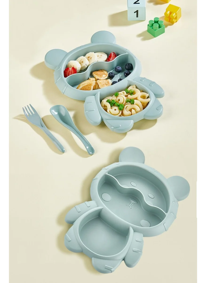 Kitchen Life Teddy Bear Shaped 3 Compartment Kids Baby Food Plate - Feeding Bowl with Fork and Spoon