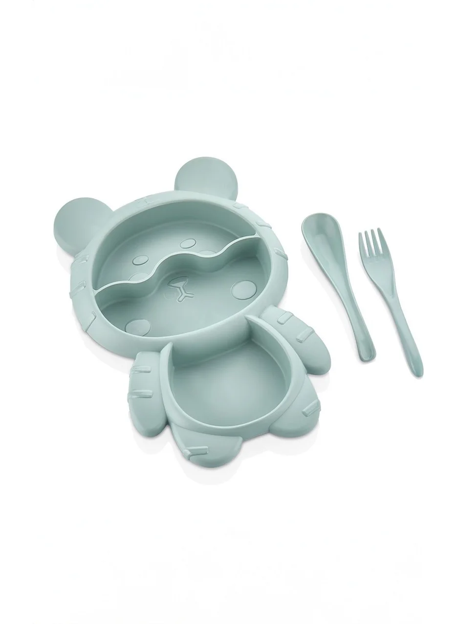 Kitchen Life Teddy Bear Shaped 3 Compartment Kids Baby Food Plate - Feeding Bowl with Fork and Spoon
