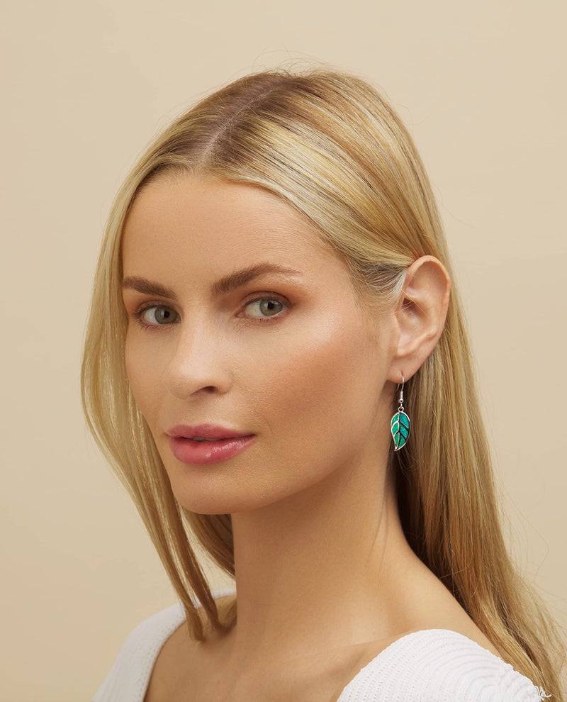 Barzel 18K White Gold Plated Created Turquoise Opal Leaf Drop Earrings (Silver Turquoise) - Image 2