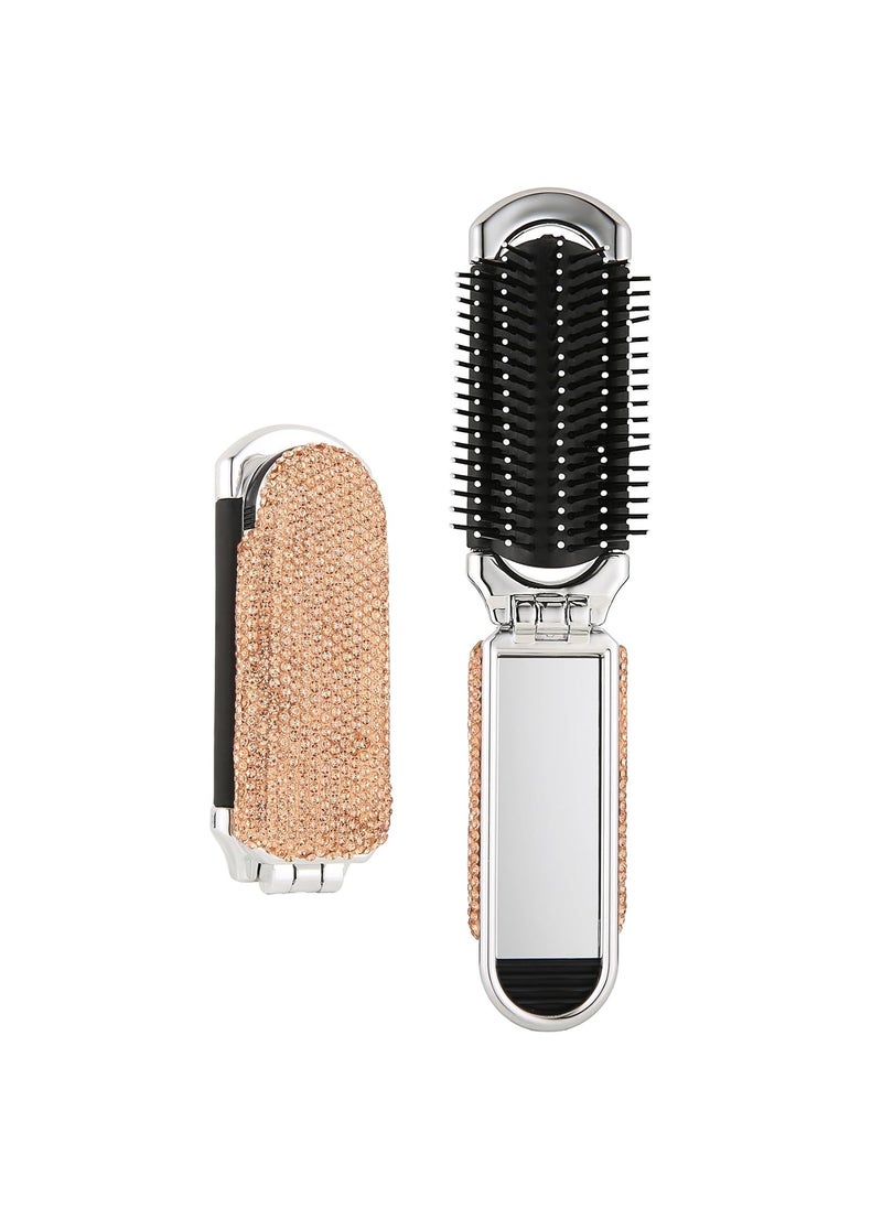 AsAlways - AsAlways Shiny Rhinestone Crystal Travel Hair Brush with Mirror Bling Diamonds Folding Hair Massage Comb Compact Portable Small Mini Hair Brush for Purse Wet  Dry DetanglingGold - Image 1