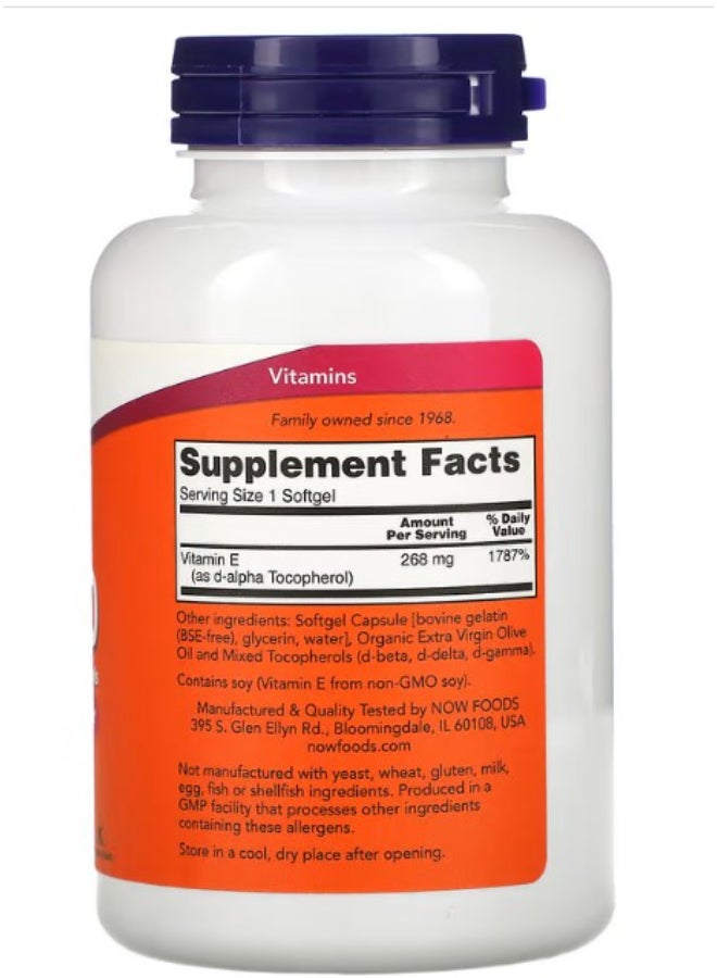 Now Foods Natural E-400 d-Alpha Tocopherol Dietary Supplement - 250 Softgels - Image 2