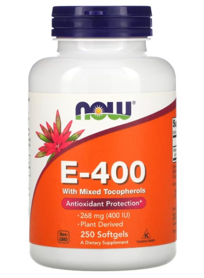 Now Foods Natural E-400 d-Alpha Tocopherol Dietary Supplement - 250 Softgels - Image 1