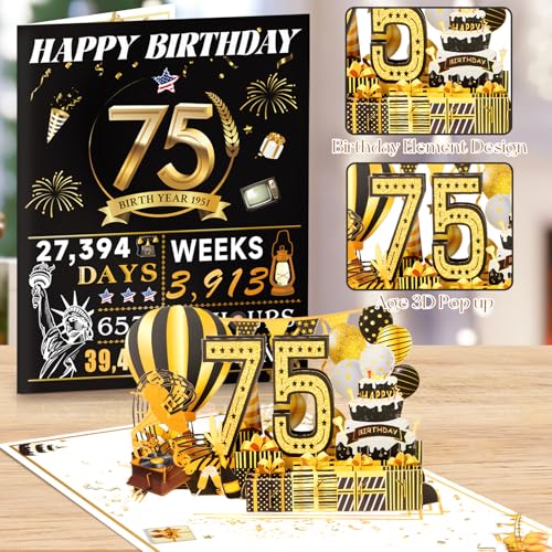 OLOSONG 75th Birthday Cards for Women Men, 3D Pop Up 75th Birthday Gift Ideas for Grandma Mom Dad, Funny 75 Year Old Birthday Decorations for Husband Wife Parents Him Her, Jumbo Back In 1951 - Image 4