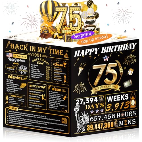 OLOSONG 75th Birthday Cards for Women Men, 3D Pop Up 75th Birthday Gift Ideas for Grandma Mom Dad, Funny 75 Year Old Birthday Decorations for Husband Wife Parents Him Her, Jumbo Back In 1951 - Image 1