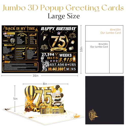 OLOSONG 75th Birthday Cards for Women Men, 3D Pop Up 75th Birthday Gift Ideas for Grandma Mom Dad, Funny 75 Year Old Birthday Decorations for Husband Wife Parents Him Her, Jumbo Back In 1951 - Image 3