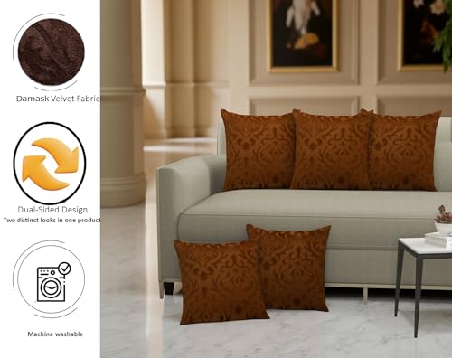 STARNSTYLE Velvet Decorative Cushion Cover 12x12 Inch - Set of 5, Soft Solid Damask Square Throw Pillow Covers for Sofa, Living Room or Home Decor - 30x30 cm Coffee - Image 2