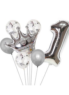Party 8-piece set for 1th birthday party anniversary decoration party supplies including silver number 1 balloons, silver crown foil balloon set, 12-inch sequin balloons, 12-inch silver balloons 