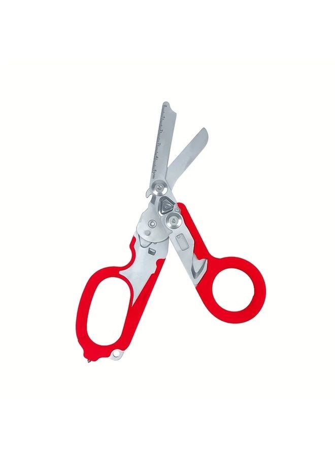 مقص فولاذي مقاوم للصدأ أحمر 6 في 1 قابل للطي مع قاطع وكاسر زجاج أداة طوارئ - Image 1