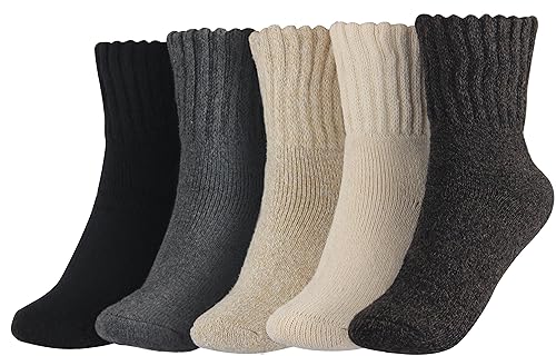BenSorts Women Winter Solid Socks Thick Warm Cozy Crew Socks Stocking Stuffers Black White Gray Beige Brown 5 Pairs Pack - Image 1