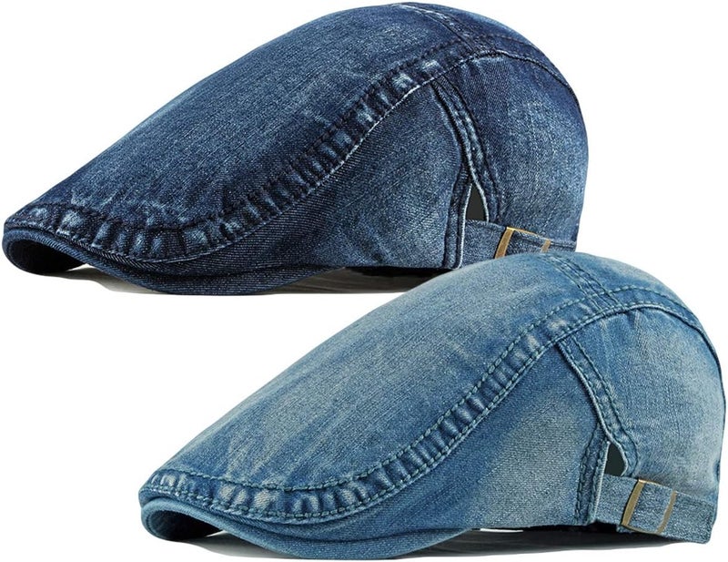 Qunson 2 Pack Mens Denim Cotton Newsboy Cap Ivy Gatsby Driving Hunting Cabbie Hats - Image 1