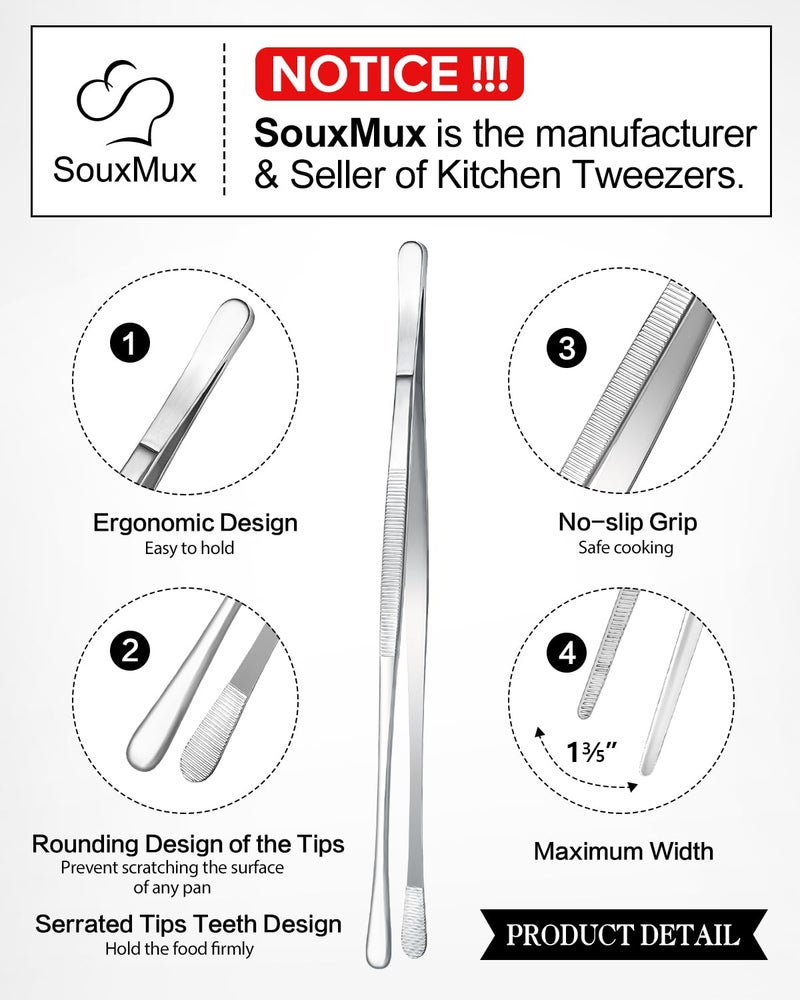 SouxMux 2 Pcs 12-inch Cooking Tweezers Tongs Precision Serrated Tips, Stainless Steel Professional Chef Tweezer Kitchen Tools for BBQ, Plating and Serving（Silver） - Image 3