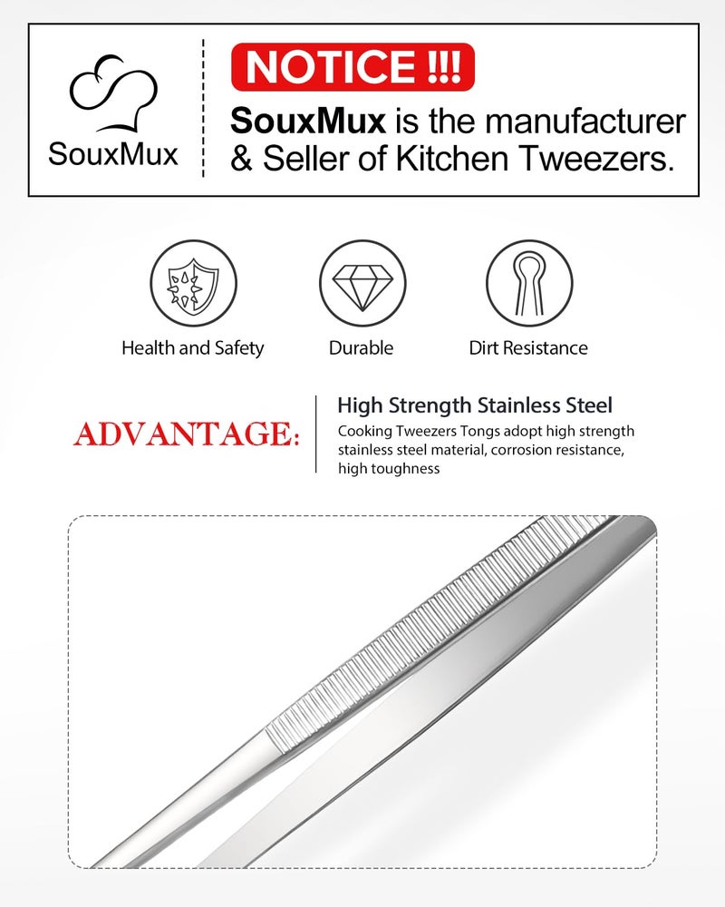SouxMux 2 Pcs 12-inch Cooking Tweezers Tongs Precision Serrated Tips, Stainless Steel Professional Chef Tweezer Kitchen Tools for BBQ, Plating and Serving（Silver） - Image 4
