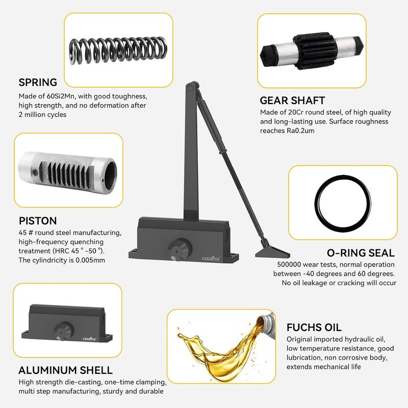 GEKRONE Automatic Door Closer Heavy Duty Fire Prevention Spring Hydraulic Aluminum Alloy Surface Mounted Residential Commerical Grade Door Closer Adjustable Speed Door Weights 187-231 Lbs Size3-Black - Image 3