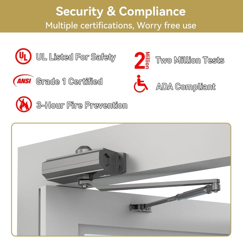 GEKRONE Automatic Door Closer Heavy Duty Fire Prevention Spring Hydraulic Aluminum Alloy Surface Mounted Residential Commerical Grade Door Closer Adjustable Speed Door Weights 187-231 Lbs Size3-Black - Image 5