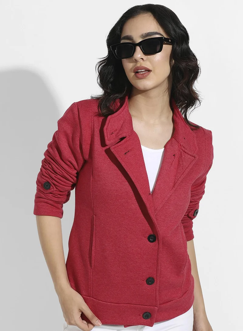Campus Sutra Women's Rose Red Solid Knit Jacket For Casual Wear | High Neck | Long Regular Sleeves | Button Closure | Jacket Crafted With Comfort Fit For Everyday Wear