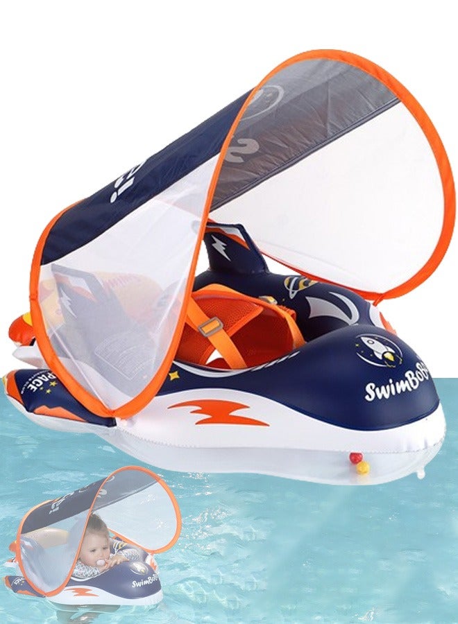 سويمبوبو عوامة حمام سباحة للأطفال مزودة بمظلة صاروخية ثلاثية الأبعاد وتصميم إضافي للذيل. عوامة سباحة للرضع سميكة من مادة PVC مع حزام، مظلة شمسية للأطفال الصغار والبنات والأولاد للسباحة من عمر 6 إلى 36 شهرًا - Image 1