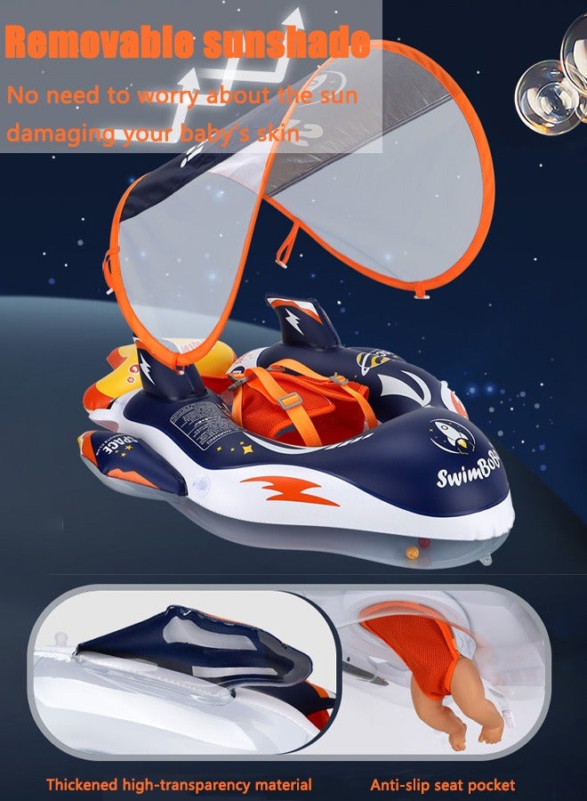 سويمبوبو عوامة حمام سباحة للأطفال مزودة بمظلة صاروخية ثلاثية الأبعاد وتصميم إضافي للذيل. عوامة سباحة للرضع سميكة من مادة PVC مع حزام، مظلة شمسية للأطفال الصغار والبنات والأولاد للسباحة من عمر 6 إلى 36 شهرًا - Image 5