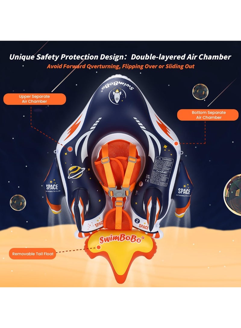 سويمبوبو عوامة حمام سباحة للأطفال مزودة بمظلة صاروخية ثلاثية الأبعاد وتصميم إضافي للذيل. عوامة سباحة للرضع سميكة من مادة PVC مع حزام، مظلة شمسية للأطفال الصغار والبنات والأولاد للسباحة من عمر 6 إلى 36 شهرًا - Image 2