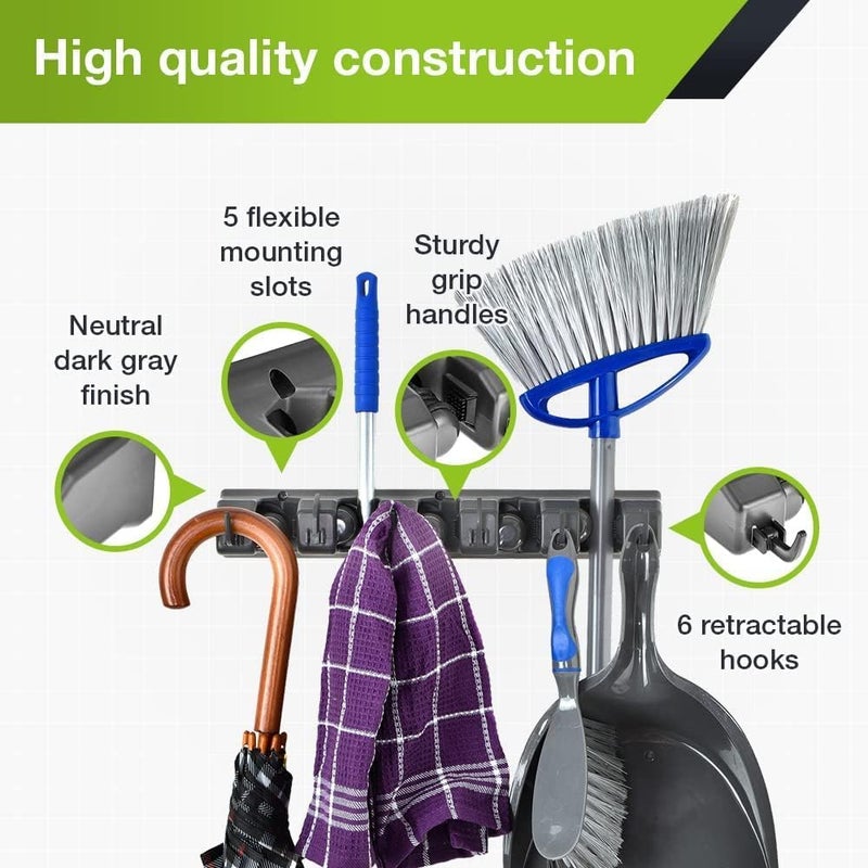 BAREPEPE Mop and Broom Holder Wall Mount Heavy Duty Broom Holder Wall Mounted or Tool Organizer For Home Garden Garage And Storage 5 Positions with 6 Hooks Black - Image 2