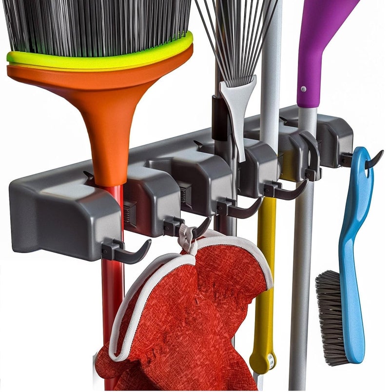 BAREPEPE Mop and Broom Holder Wall Mount Heavy Duty Broom Holder Wall Mounted or Tool Organizer For Home Garden Garage And Storage 5 Positions with 6 Hooks Black - Image 1