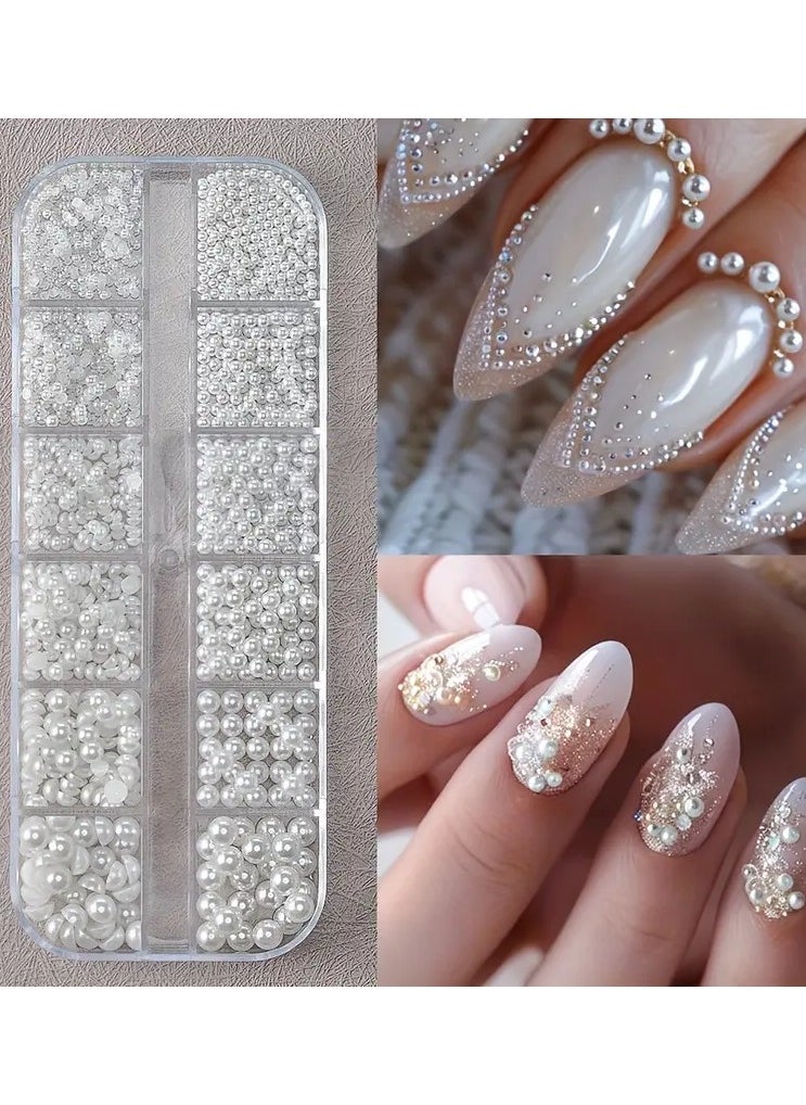 LANGMANNI White Pearl Caviar Beads, Round And Half-Round Shapes, 12 Grids, 0.15-0.5cm, DIY Nail Art Decoration  - Image 1