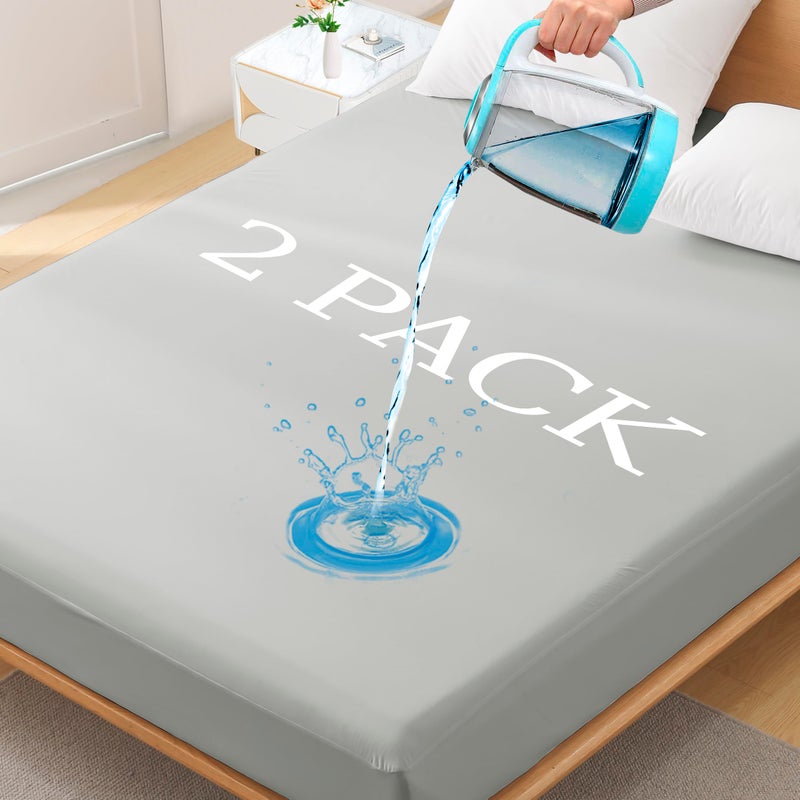 Softhour 2 Pack Full Premium Waterproof Mattress Protector  Soft Breathable Mattress Pad Cover  Noiseless Waterproof Bed Cover - Stretch to 21"" Fitted Deep Pocket Mattress Protection Cover-Light Grey  - Image 1