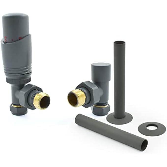GREY CASCADE ANGLED MODERN TRV THERMOSTATIC RADIATOR VALVE (PAIR) INCLUDES ANGLED TRV BODY, ONE LOCK SHIELD & PIPE SLEEVE FOR QUICK & EASY TEMPERATURE CONTROL. - Image 1