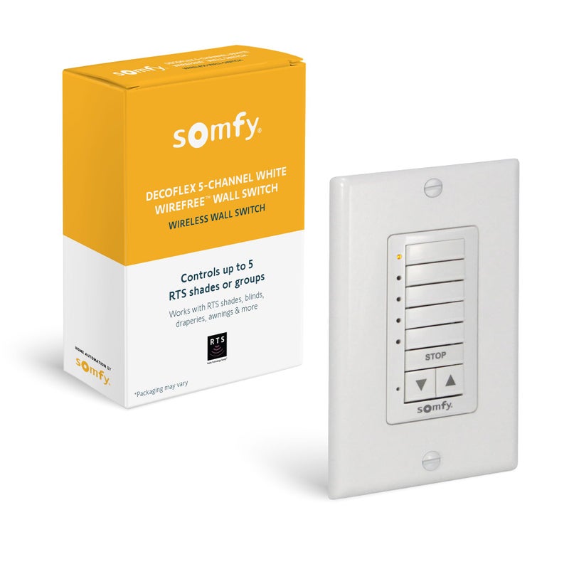 Somfy DecoFlex Wirefree RTS Wall Switch  5 Channel  Pure White Tone  Control RTS Shades Blinds Curtains  Battery PreInstalled Button Labels  Mount Included  1810813