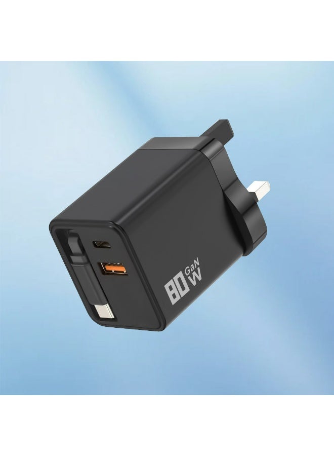 شاحن قابل للسحب، شاحن USB-C قابل للسحب بقوة 80 واط مع كابل من النوع C وقابس حائط ثلاثي المنافذ USB-C/A، متوافق مع MacBook Pro/Air، وiPhone Pro Max 17/16/15، وiPad، وSamsung Galaxy S25/S24، وLG، وPixel، والأجهزة اللوحية. - Image 1