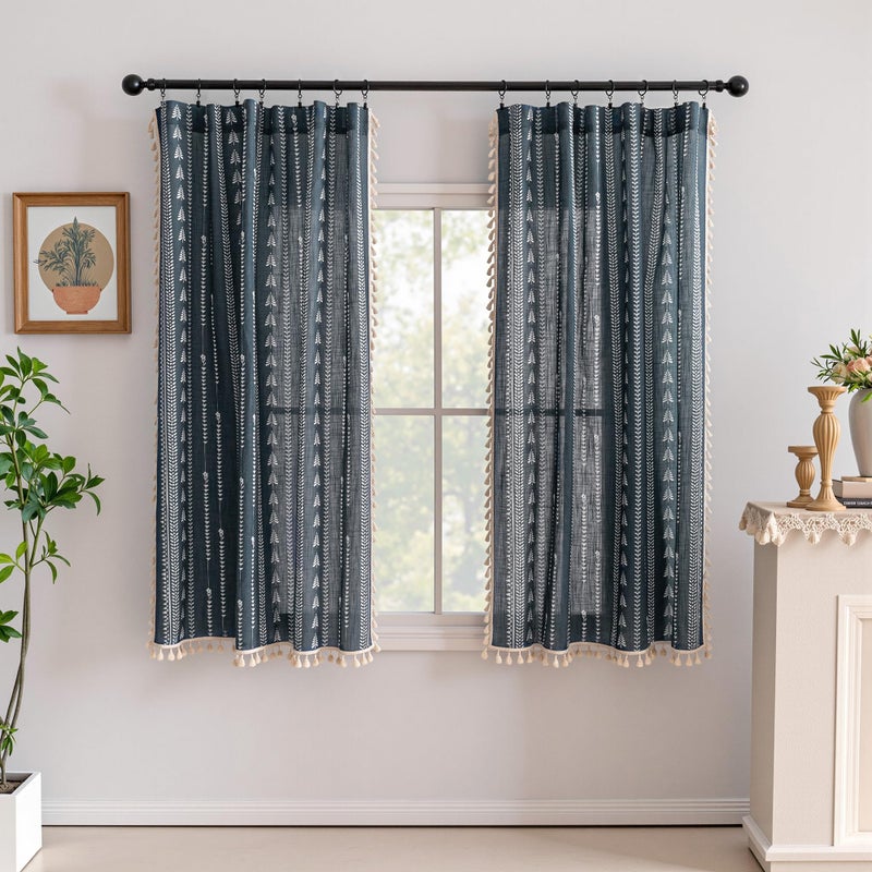 MEETSKY Boho Dark Grey Curtains 63 inch Long - Linen Blend Farmhouse Patterned Light Filtering Curtains for Bedroom Living Room with Tassels, Back Tab, 50" Wide Each Panel, 2 Panels - Image 4