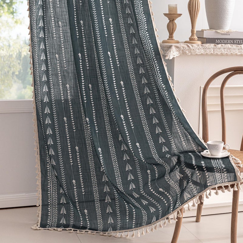 MEETSKY Boho Dark Grey Curtains 63 inch Long - Linen Blend Farmhouse Patterned Light Filtering Curtains for Bedroom Living Room with Tassels, Back Tab, 50" Wide Each Panel, 2 Panels - Image 5