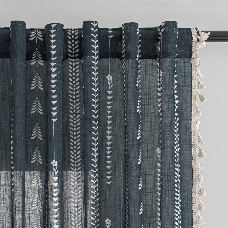 MEETSKY Boho Dark Grey Curtains 63 inch Long - Linen Blend Farmhouse Patterned Light Filtering Curtains for Bedroom Living Room with Tassels, Back Tab, 50" Wide Each Panel, 2 Panels - Image 1