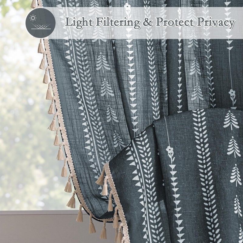 MEETSKY Boho Dark Grey Curtains 63 inch Long - Linen Blend Farmhouse Patterned Light Filtering Curtains for Bedroom Living Room with Tassels, Back Tab, 50" Wide Each Panel, 2 Panels - Image 2