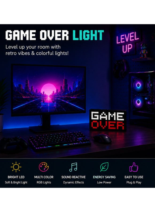 Game Over RGB LED Light Sign – 8-Bit Retro Gaming Lamp, Sound Reactive Multi-Color Light, USB Powered Desk & Gaming Room Decor - Image 1