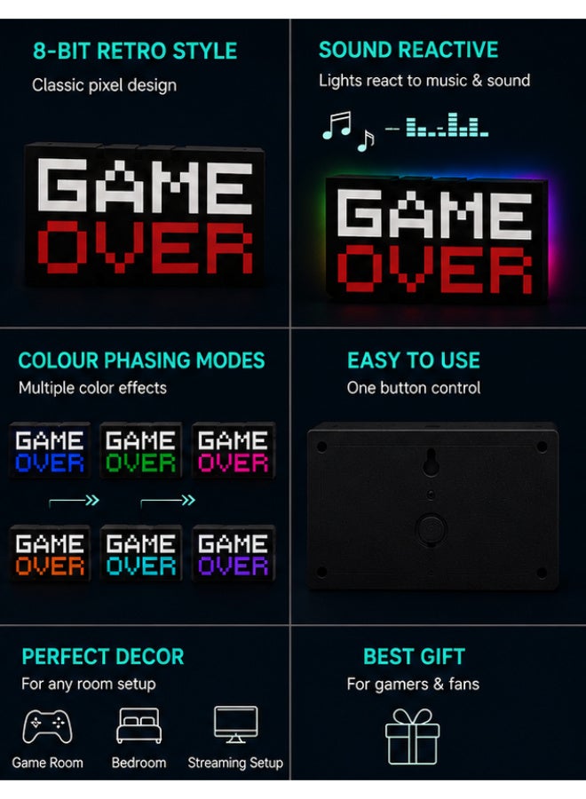 Game Over RGB LED Light Sign – 8-Bit Retro Gaming Lamp, Sound Reactive Multi-Color Light, USB Powered Desk & Gaming Room Decor - Image 2