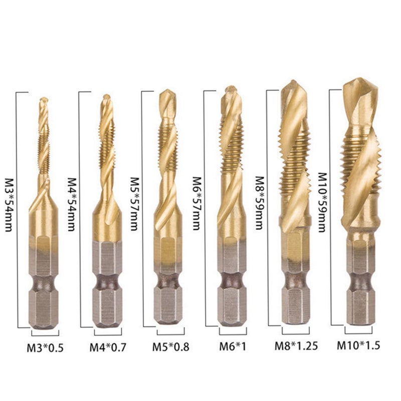 Hexagon Shank Composite Tap HSS 3-in-1 Machine Tap Drill Bit Tapping and Drilling Spiral Tap 4341 Short Titanium Plated [6 Pcs] - Image 4
