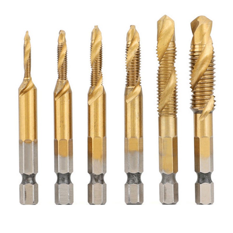 Hexagon Shank Composite Tap HSS 3-in-1 Machine Tap Drill Bit Tapping and Drilling Spiral Tap 4341 Short Titanium Plated [6 Pcs] - Image 1