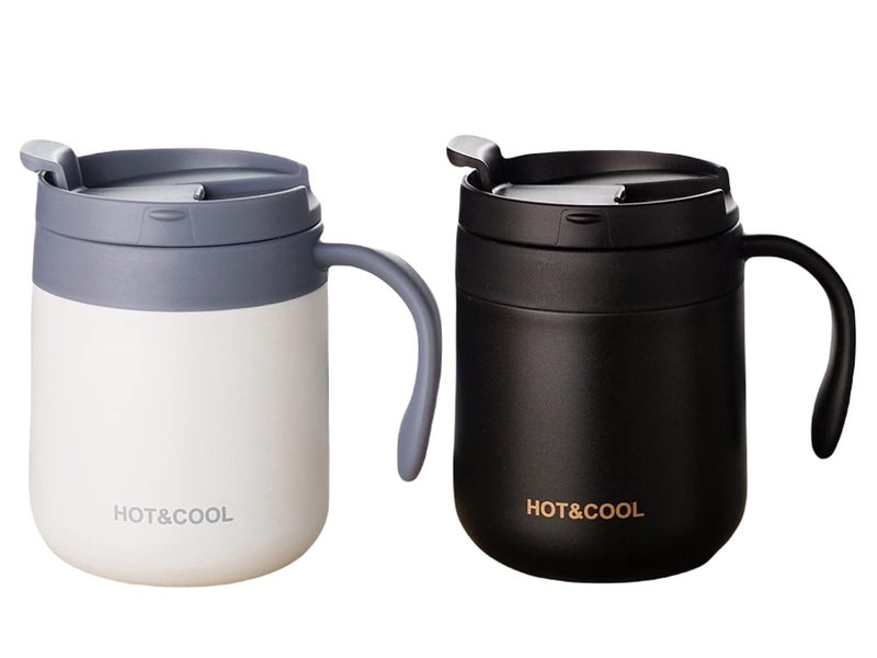 Leeonz 350ML Insulated Coffee Mug with Handle and Lid, Double Wall Stainless Steel Vacuum Insulated Tumbler Cup, Travel Coffee Cup Thermal Cup for Home and Office,White and Black(Set of 2) - Image 1