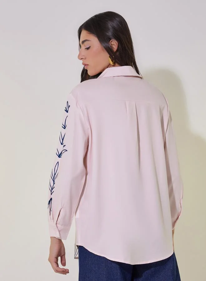 تايك تو Printed Oversized Collared Shirt