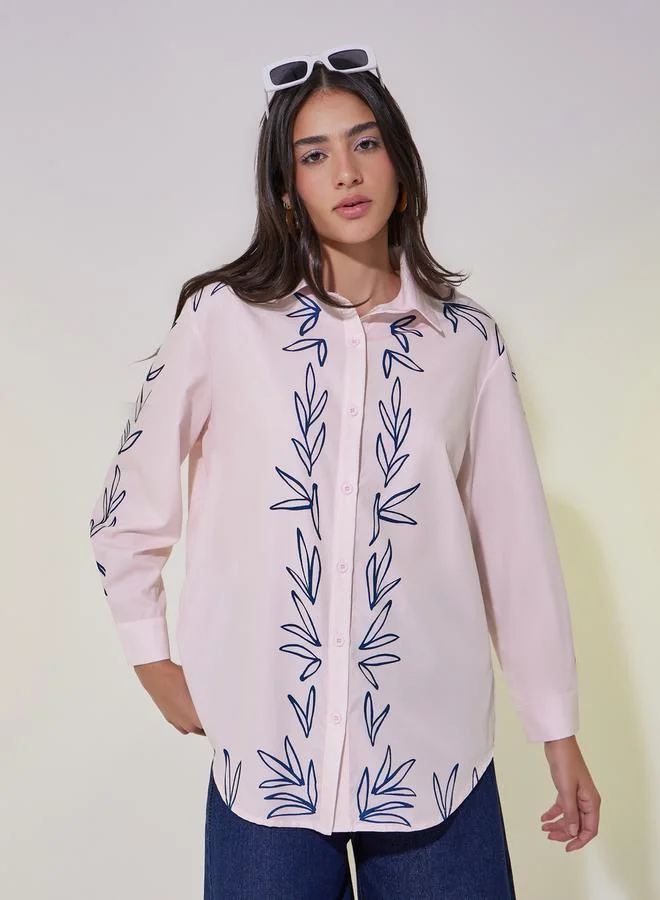 تايك تو Printed Oversized Collared Shirt
