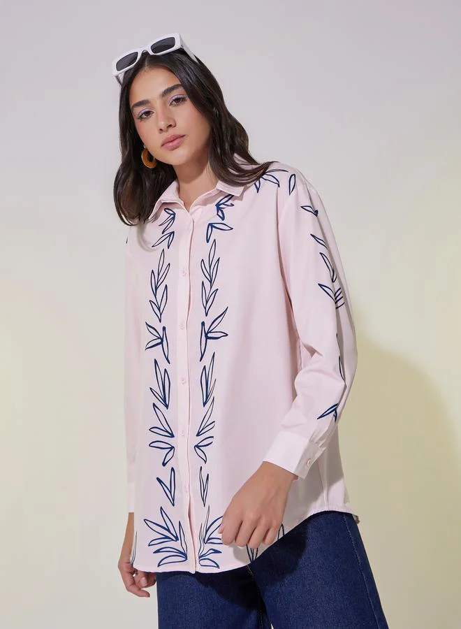 تايك تو Printed Oversized Collared Shirt