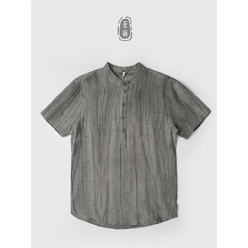 High-End Linen Stand Collar Short Sleeve T-Shirt Men'S Summer Thin Chinese Style Loose Top Vintage Half Sleeve T-Shirt - Image 3