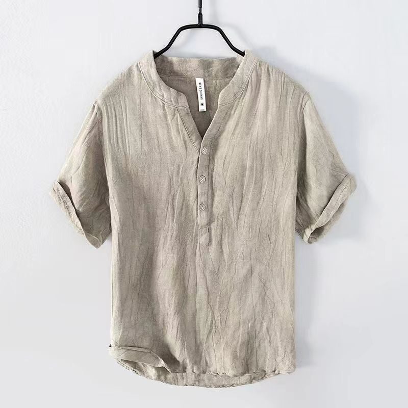 High-End Linen Stand Collar Short Sleeve T-Shirt Men'S Summer Thin Chinese Style Loose Top Vintage Half Sleeve T-Shirt - Image 1