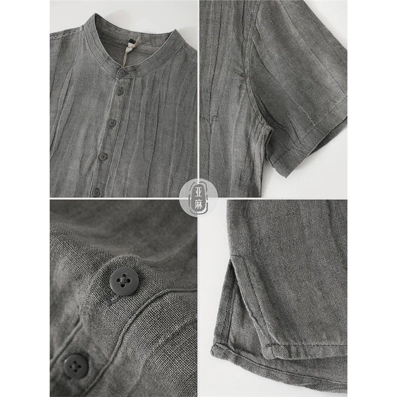 High-End Linen Stand Collar Short Sleeve T-Shirt Men'S Summer Thin Chinese Style Loose Top Vintage Half Sleeve T-Shirt - Image 4