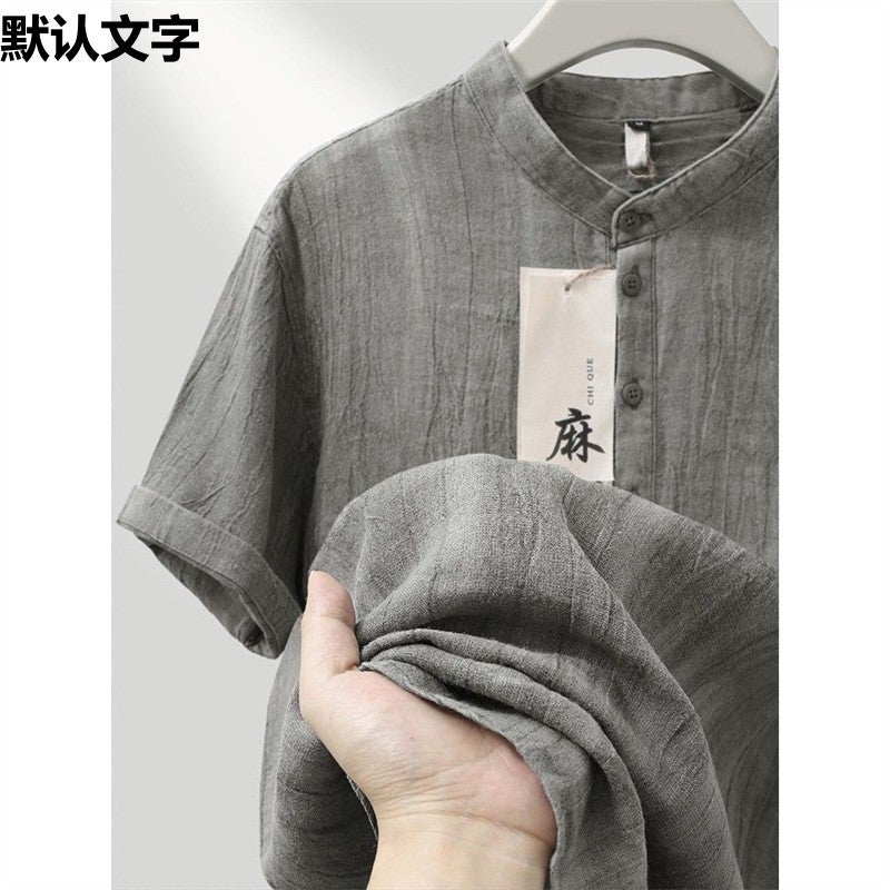 High-End Linen Stand Collar Short Sleeve T-Shirt Men'S Summer Thin Chinese Style Loose Top Vintage Half Sleeve T-Shirt - Image 2