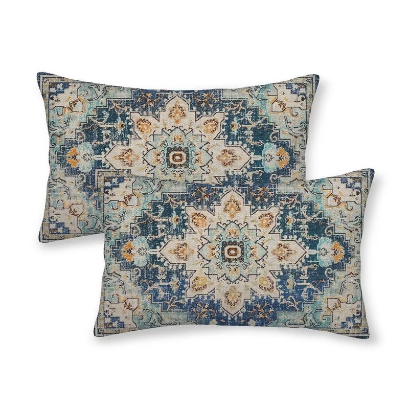Sunshineyan Boho Pillow Covers 12x20 Set of 2  Light Blue Beige Carpet Pattern Outdoor Decorative Throw Pillows Vintage Linen Ethnic Rustic Farmhouse Cushion Cases for Couch Sofa Decor - Image 1