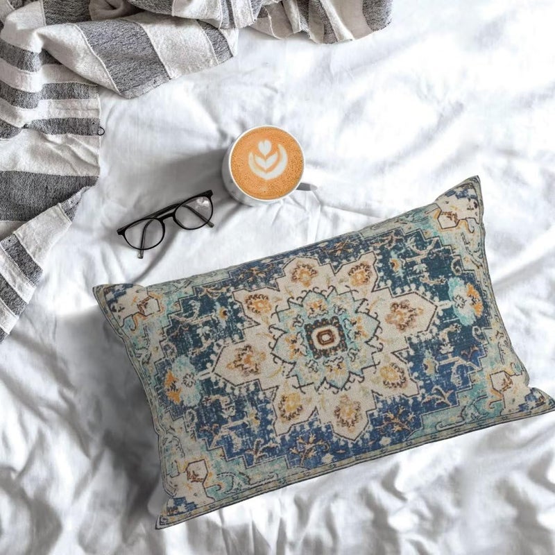 Sunshineyan Boho Pillow Covers 12x20 Set of 2  Light Blue Beige Carpet Pattern Outdoor Decorative Throw Pillows Vintage Linen Ethnic Rustic Farmhouse Cushion Cases for Couch Sofa Decor - Image 5
