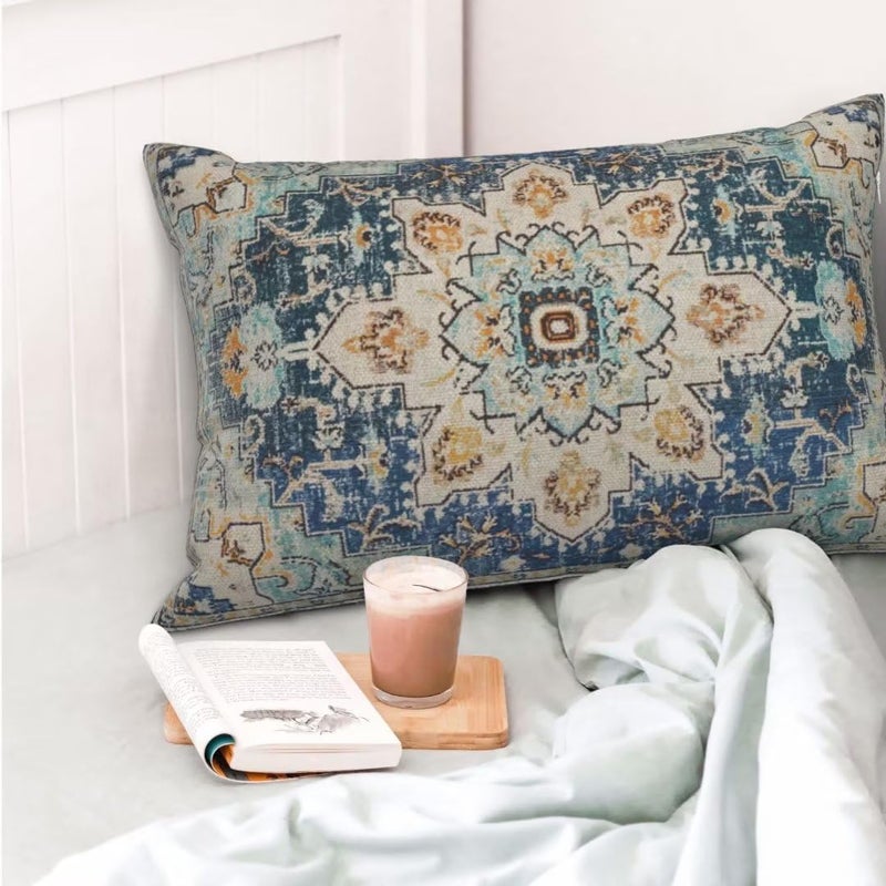 Sunshineyan Boho Pillow Covers 12x20 Set of 2  Light Blue Beige Carpet Pattern Outdoor Decorative Throw Pillows Vintage Linen Ethnic Rustic Farmhouse Cushion Cases for Couch Sofa Decor - Image 4