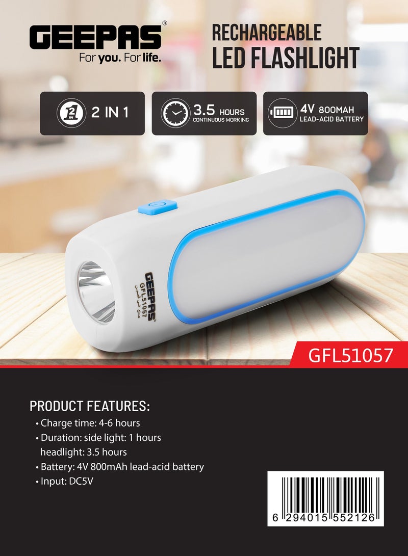 جيباس مصباح يدوي LED قابل لإعادة الشحن 2 في 1 مع ضوء جانبي ومصباح أمامي أبيض / أزرق - GFL51057 - Image 4